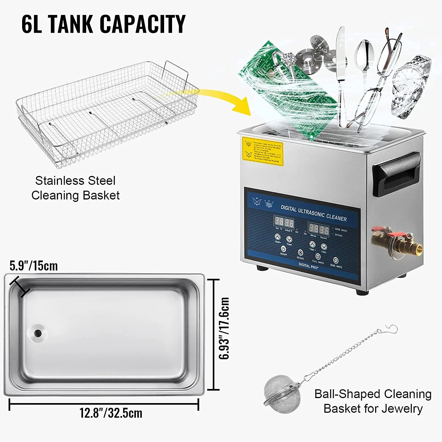 Ultrasonic Jewelry Cleaner Digital Timer - 6L プロフェッショナル超音波クリーナー ジュエリー/メガネ/ツール デジタルタイマー超音波メガネクリーナー ホームジュエリークリーニングソリューション